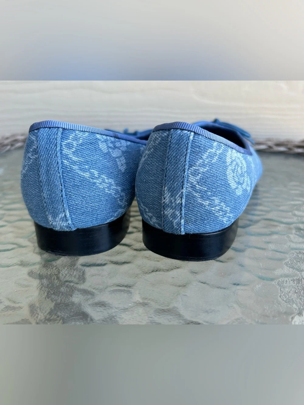 CHANEL  Blue Denim Camellia CC Logo Ballet Flats sz 37 US 6.5